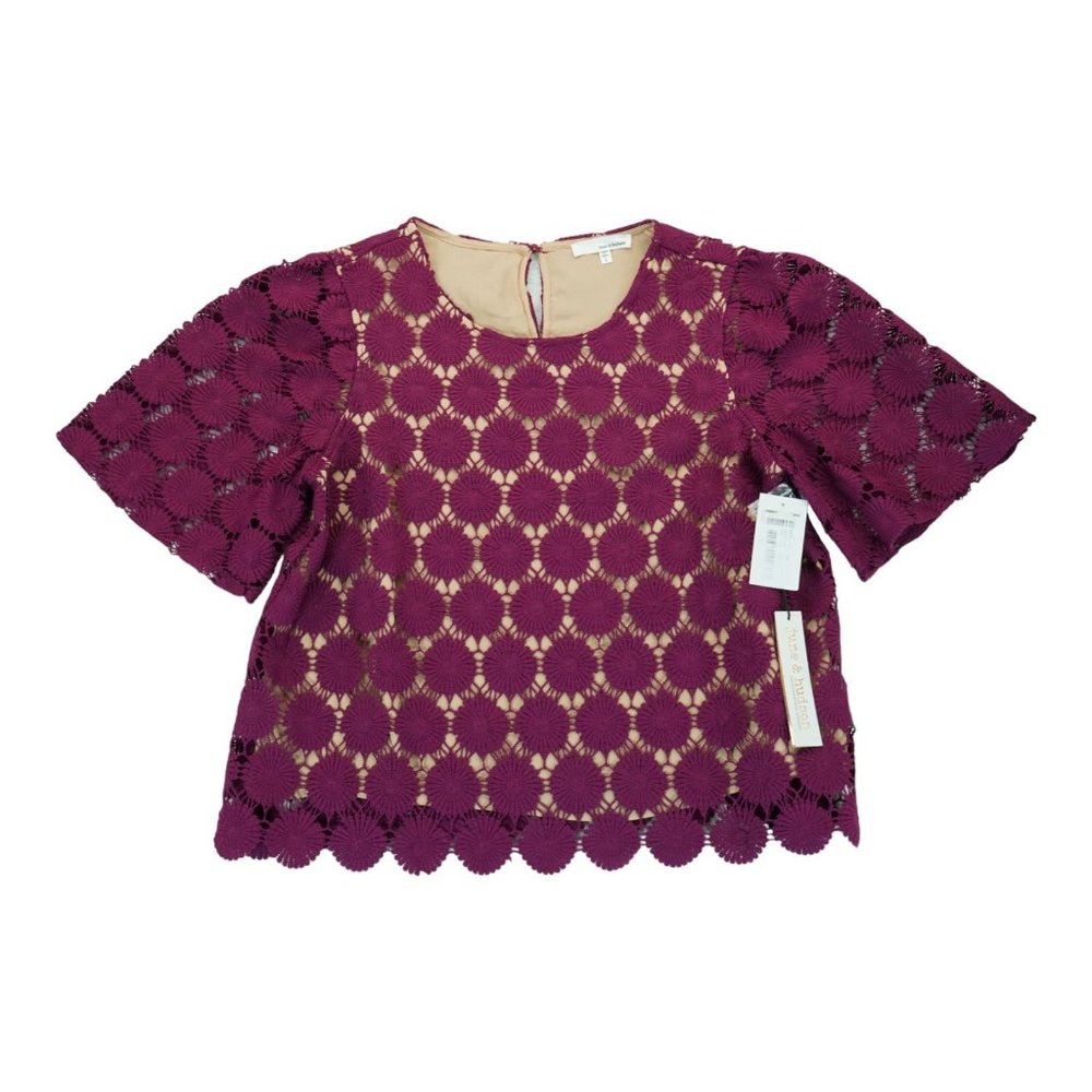 NWT June & Hudson Blouse Womens Sz 1 Purple Lace Overlay Lined Keyhole Polyester